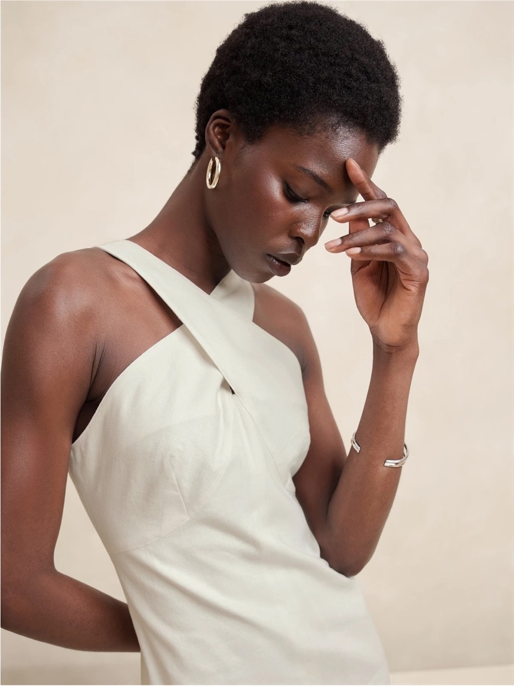 Banana Republic Cream Cross-Over Neck Midi Dress
